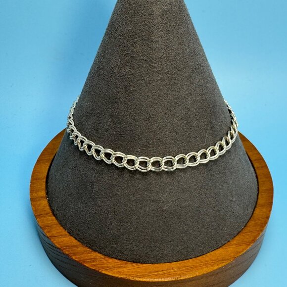 VTG Sterling Silver 925 Double Link Charm Bracelet Lobster Clasp Size 7'' Length - Picture 2 of 10